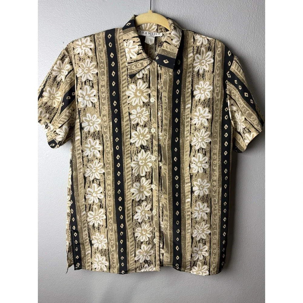 Juansilk New York Women's M Regular Silk Woven Floral Short Sleeve Button-Up